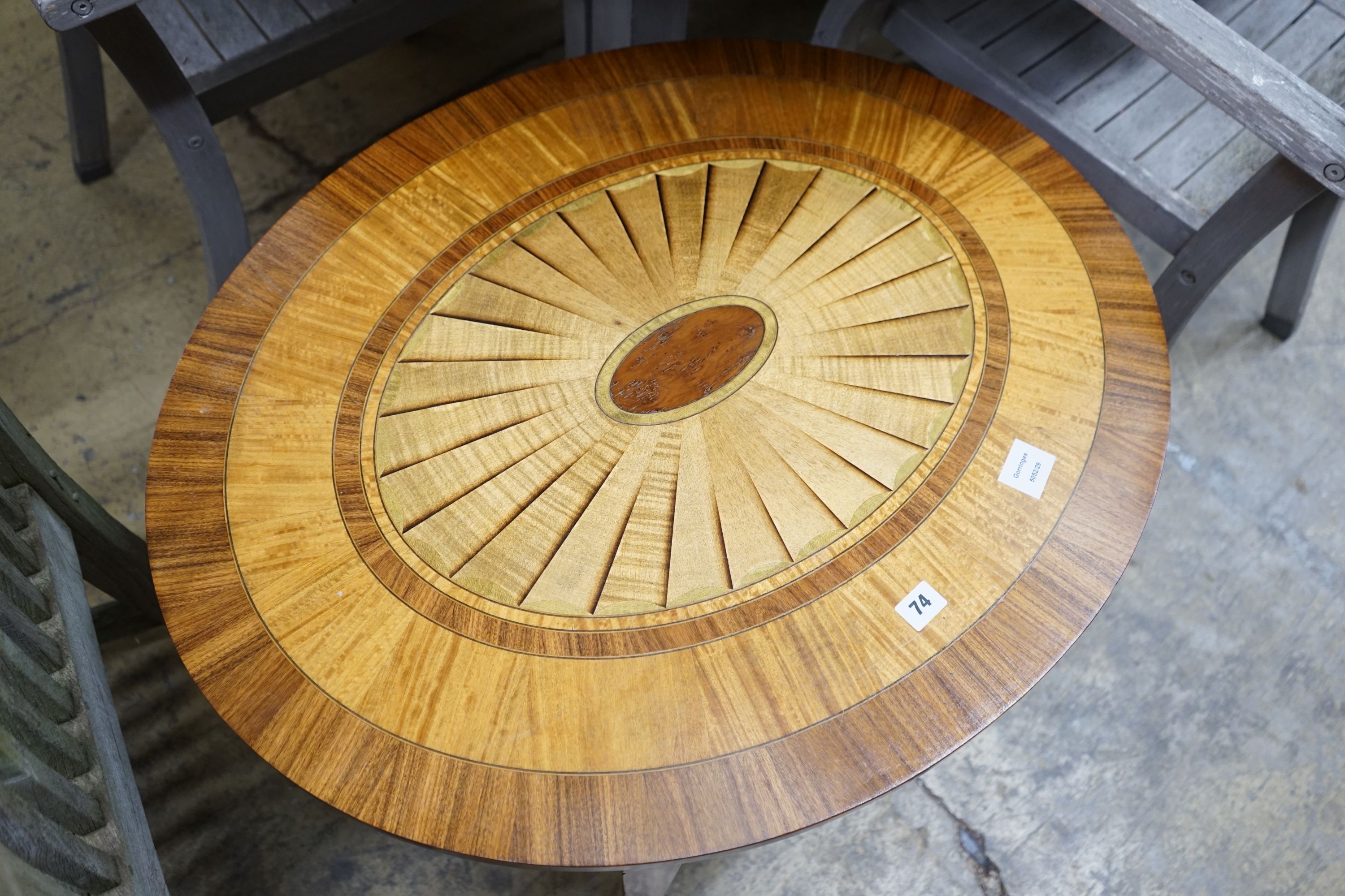 A Sheraton style cross-banded inlaid occasional table, width 80cm, depth 66cm, height 50cm